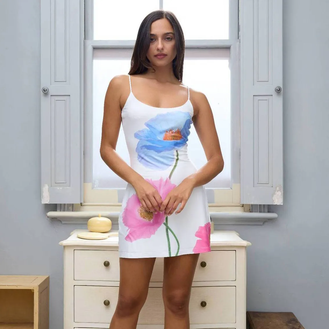 Women Fashion Sexy Floral Printed U-Neck Backless Spaghetti Strap Dress