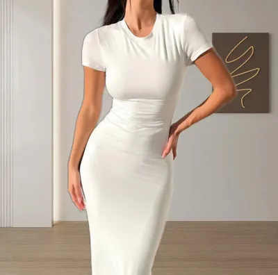 Women Fashion Sexy Simple Solid Color Short-Sleeve Slim-Fit Dress