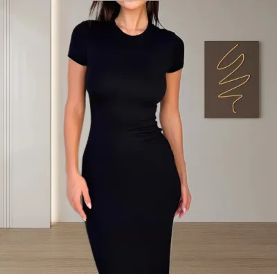 Women Sexy Simple Solid Color Short-Sleeve Slim-Fit Dress