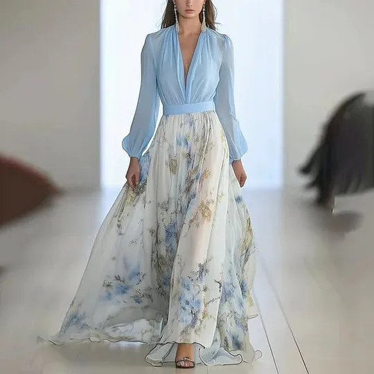 Women Fashion Elegant Splicing Printed V-Neck Long Sleeve Maxi Dress