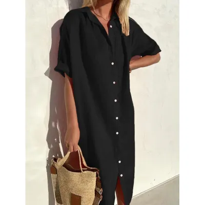 Women Casual Cotton Linen Solid Color Short-Sleeve Lapel Pocket Loose Midi Dress