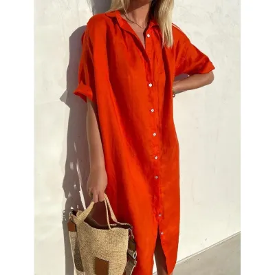 Women Casual Cotton Linen Solid Color Short-Sleeve Lapel Pocket Loose Midi Dress