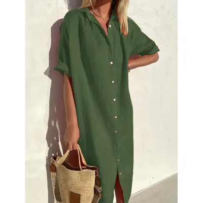 Women Casual Cotton Linen Solid Color Short-Sleeve Lapel Pocket Loose Midi Dress