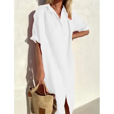 Women Casual Cotton Linen Solid Color Short-Sleeve Lapel Pocket Loose Midi Dress