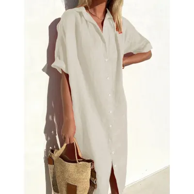 Women Casual Cotton Linen Solid Color Short-Sleeve Lapel Pocket Loose Midi Dress