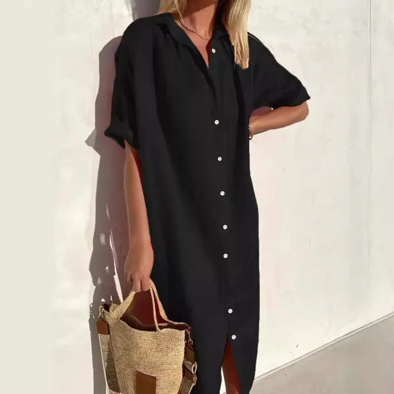Women Casual Cotton Linen Solid Color Short-Sleeve Lapel Pocket Loose Midi Dress