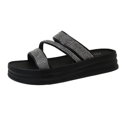 Women Fashion Casual Solid Color Rhinestone Thick Bottom Slippers