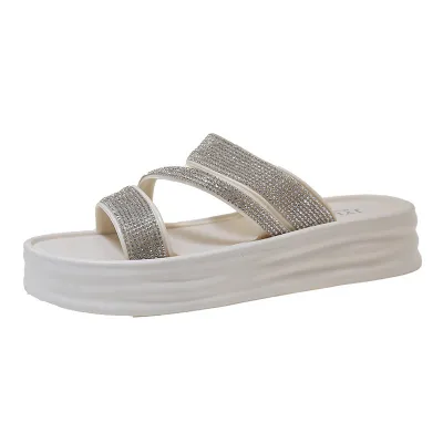 Women Fashion Casual Solid Color Rhinestone Thick Bottom Slippers