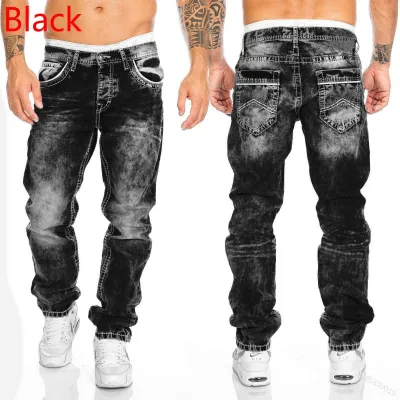 Men's Hip-Hop Casual Straight Leg Denim Jeans Mid-Waist Slight Elastic