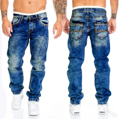 Men's Hip-Hop Casual Straight Leg Denim Jeans Mid-Waist Slight Elastic