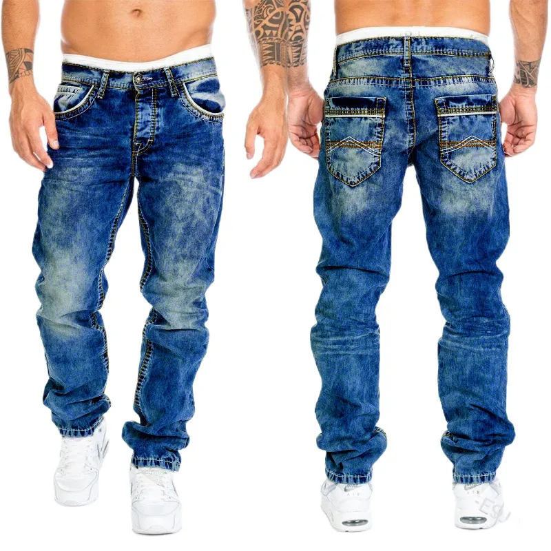 Men's Hip-Hop Casual Straight Leg Denim Jeans Mid-Waist Slight Elastic