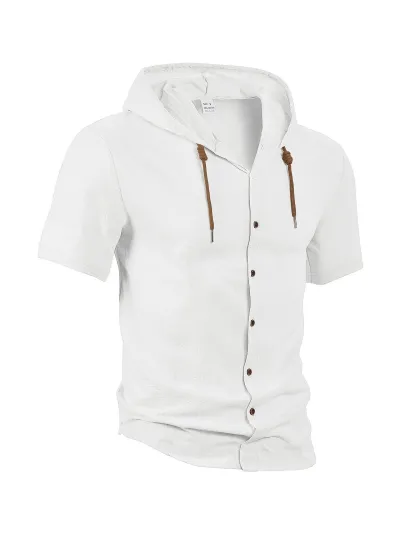 Men's Fashion Casual Solid Color Cotton Linen Hooded Cardigan Short Sleeve Shirts