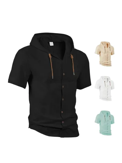 Men's Fashion Casual Solid Color Cotton Linen Hooded Cardigan Short Sleeve Shirts