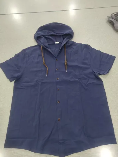 Men's Fashion Casual Solid Color Cotton Linen Hooded Cardigan Short Sleeve Shirts