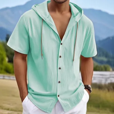 Sudaderas con capucha de manga corta de algodón y lino de color liso para hombre, estilo casual y moderno.