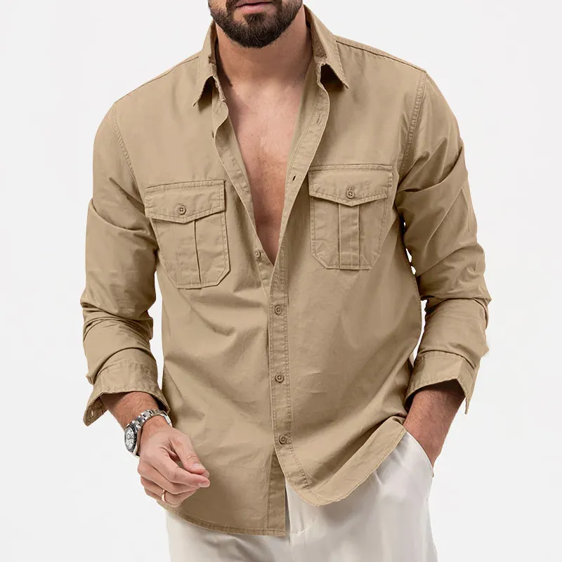 Men'S Casual Solid Color Lapel Long Sleeve Workwear Shirts With Pocket Decoration