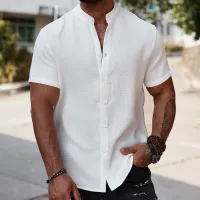 Men'S Fashion Solid Color Lapel Short Sleeve Loose Shirt