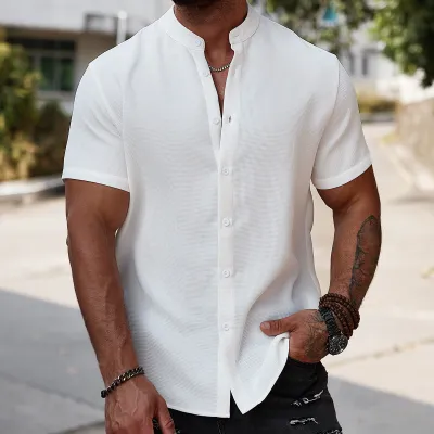 MenS Casual Simple Stand Collar Short Sleeve Shirt