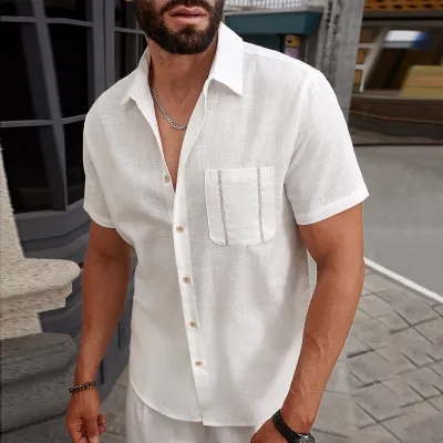 MenS Fashion White Cotton Lapel Short Sleeve Single Breasted Breathable Shirt