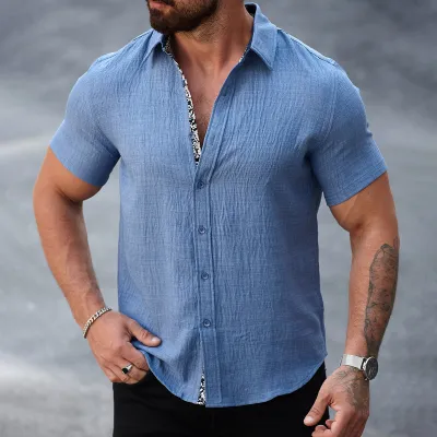 MenS Fashion Casual Solid Color Lapel Short-Sleeve Single Breasted Loose Shirt