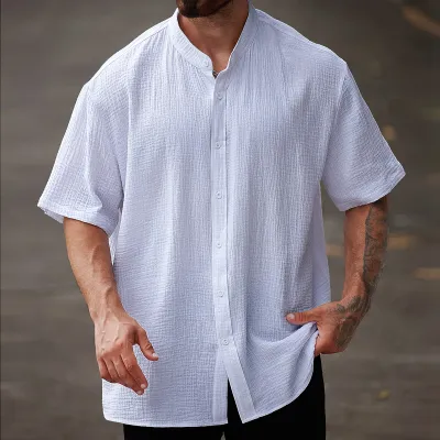 Men's Fashion Casual Cotton Solid Color Short Sleeve Stand Collar Cardigan Shirt