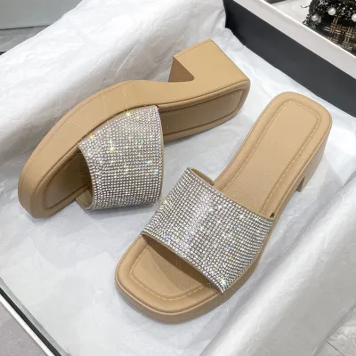 Women Fashion Casual Solid Color Rhinestone Square Toe High Heel Platform Slippers