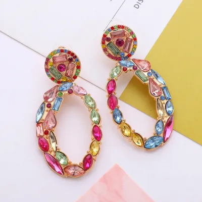 Women Fashion Exaggerated Geometric Oval Rhinestone Alloy Earrings