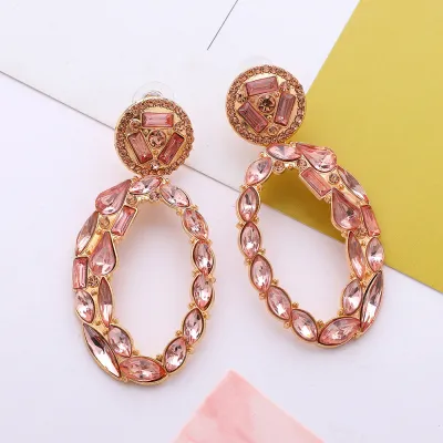 Women Fashion Exaggerated Geometric Oval Rhinestone Alloy Earrings