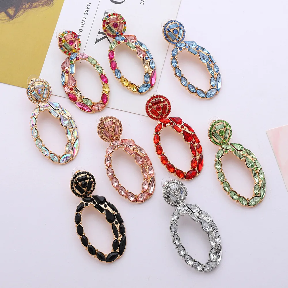 Women Fashion Exaggerated Geometric Oval Rhinestone Alloy Earrings