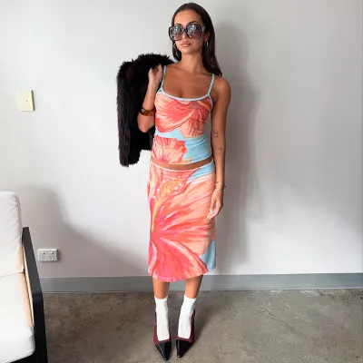 Women Fashion Sexy Floral Printed Sleeveless Camisole Slim Fit Skirt Two-Piece Set