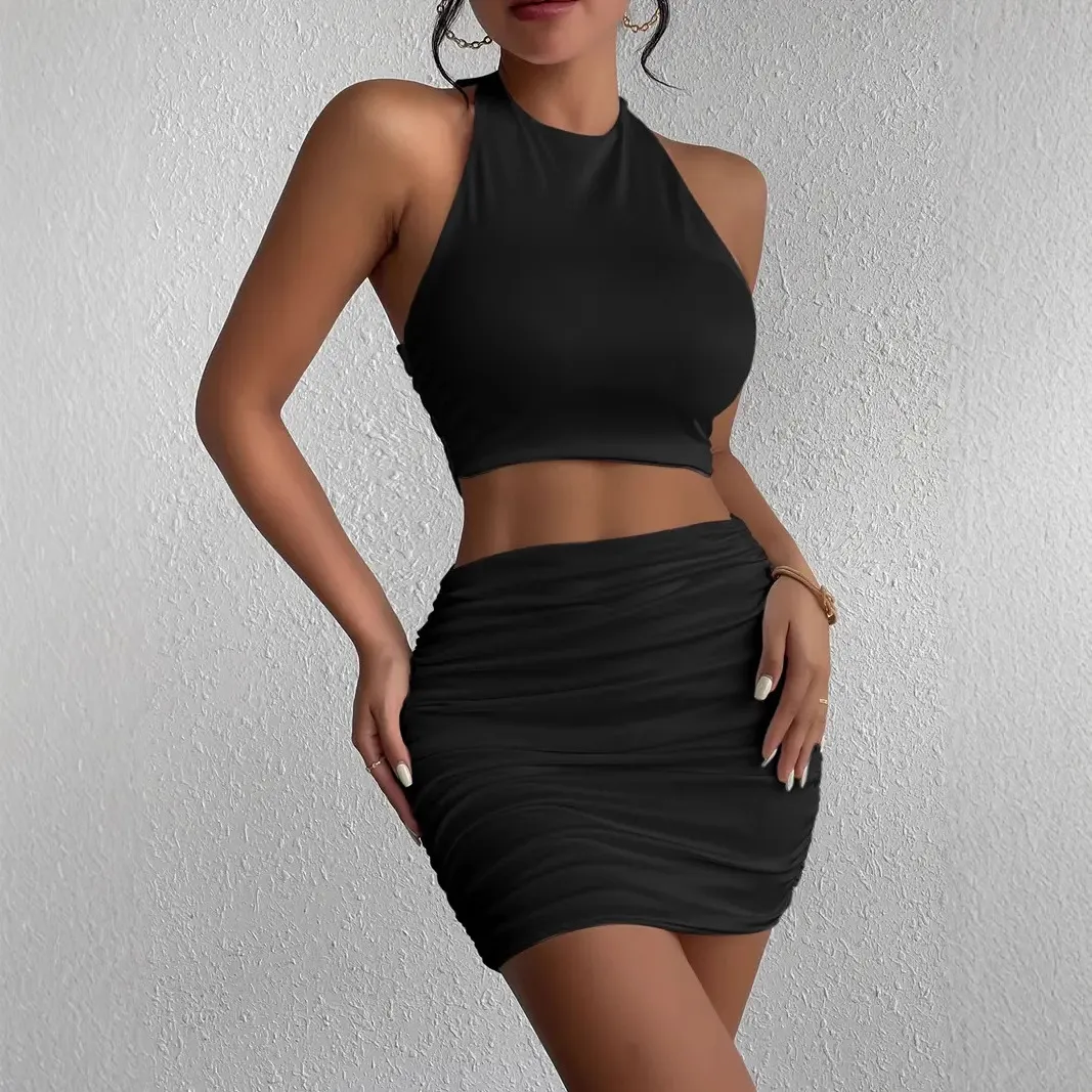 Women Fashion Sexy Solid Color Halter-Neck Sleeveless Crop Top Skirt Set