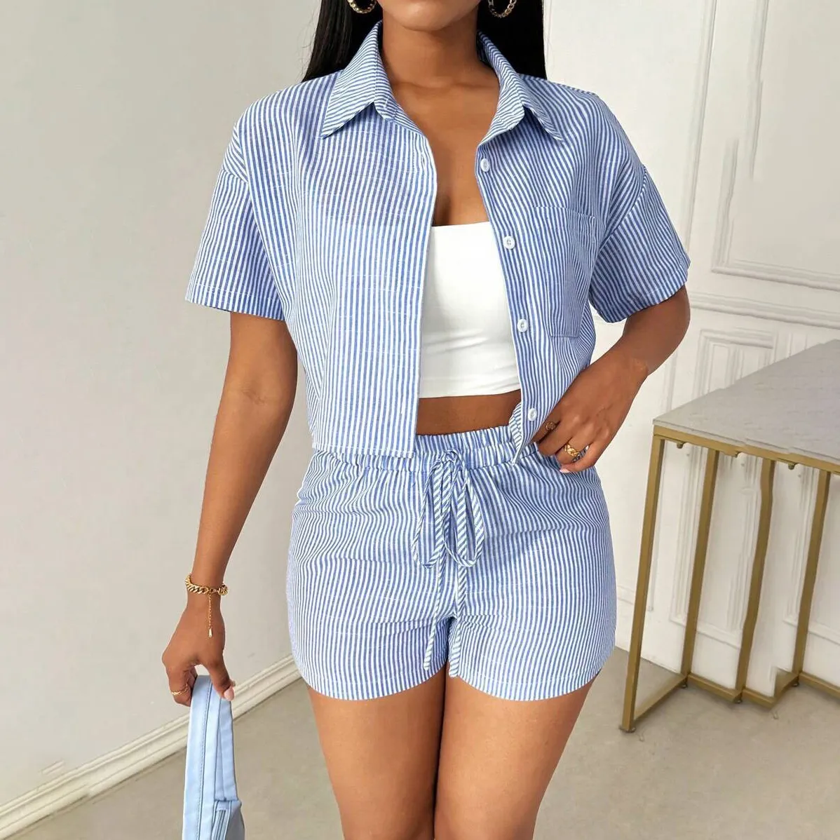 Women Fashion Casual Stripe Lapel Short Sleeve Blouse Drawstring Shorts Two-Piece Set