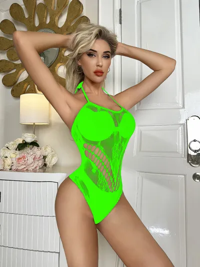 Women Fashion Solid Color Hollow Halter-Neck One-Piece Bodysuit Lingerie
