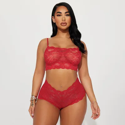 Women Fashion Sexy Solid Color Lace Bra Underpants Two-Piece Set
