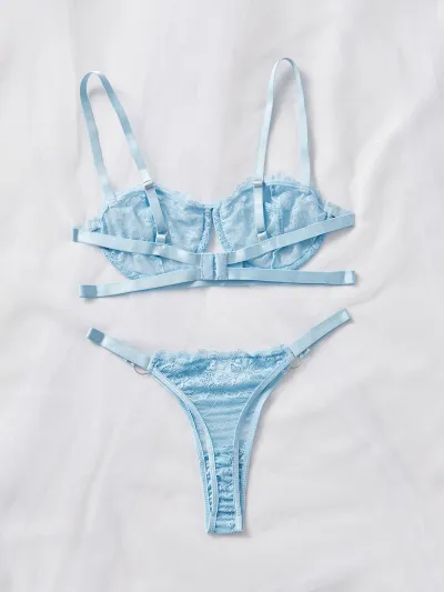 Women Sexy Lace Embroidered Mesh Perspective Bra and Panties Set
