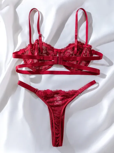 Women Sexy Lace Embroidered Mesh Perspective Bra and Panties Set