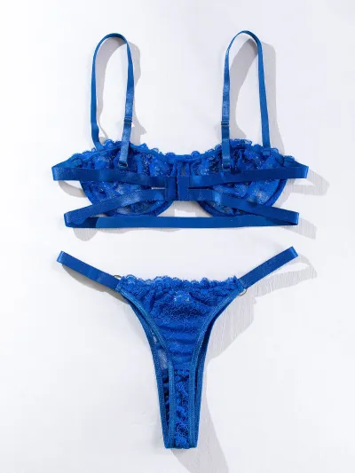 Women Sexy Lace Embroidered Mesh Perspective Bra and Panties Set