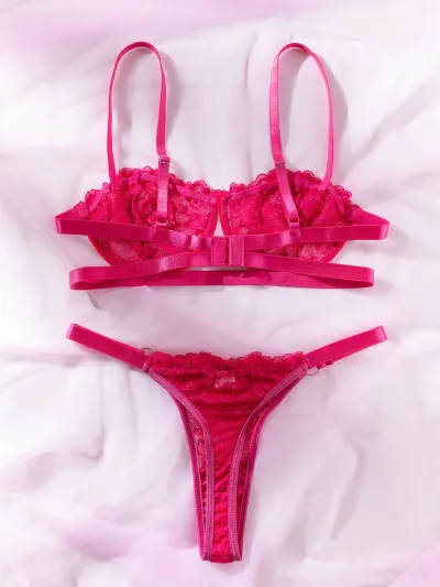 Women Sexy Lace Embroidered Mesh Perspective Bra and Panties Set