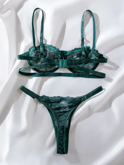 Women Sexy Lace Embroidered Mesh Perspective Bra and Panties Set