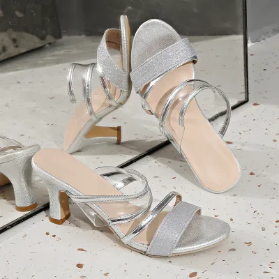 Women Fashion Casual Transparent Round-Toe Thick High Heel Shoes