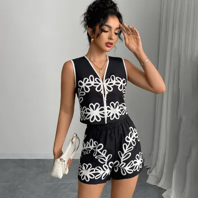 Women Fashion Casual Floral Printed V-Neck Vest Top Slim Fit Shorts Two-Piece Set