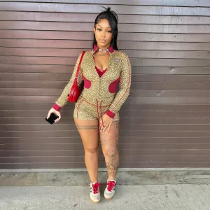 Women Athleisure Leopard Print Long Sleeve Zipper Top Tight Shorts Two-Piece Set