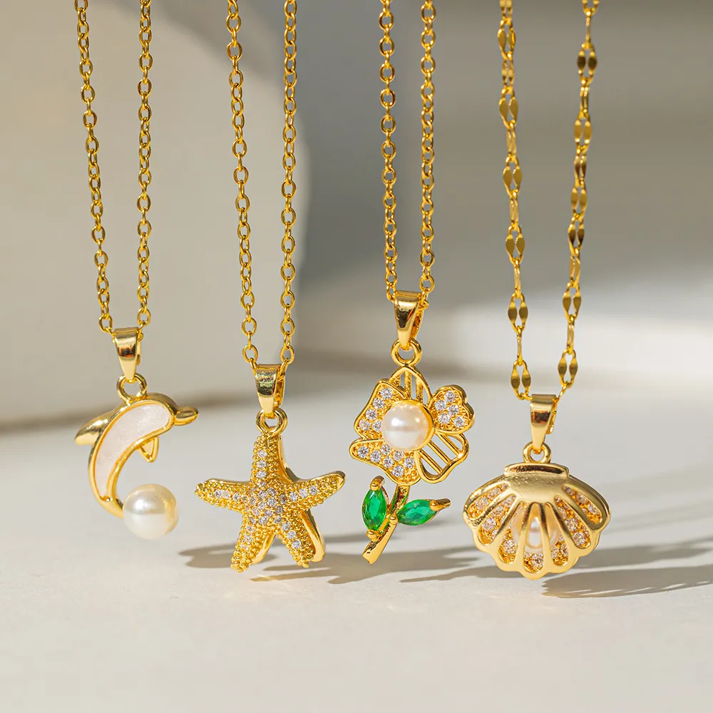 Women Fashion Zircon Pearl Shell Starfish Floral Titanium Steel Necklace
