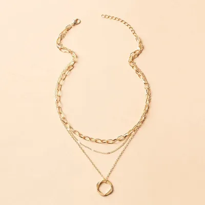 Women Fashion Multilayer Thick Chain Circle Pendant Necklace