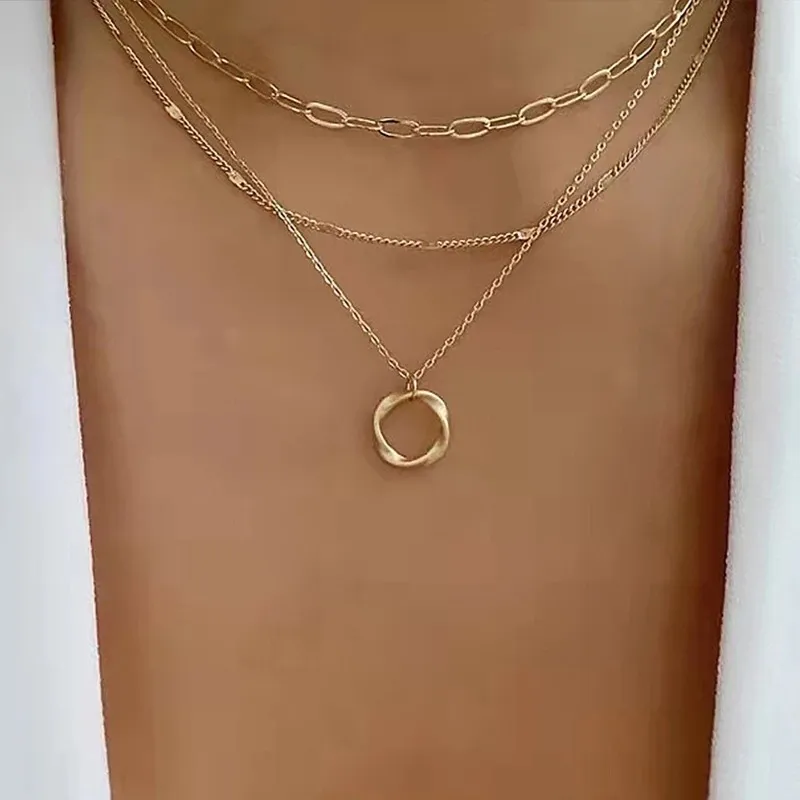 Women Fashion Multilayer Thick Chain Circle Pendant Necklace
