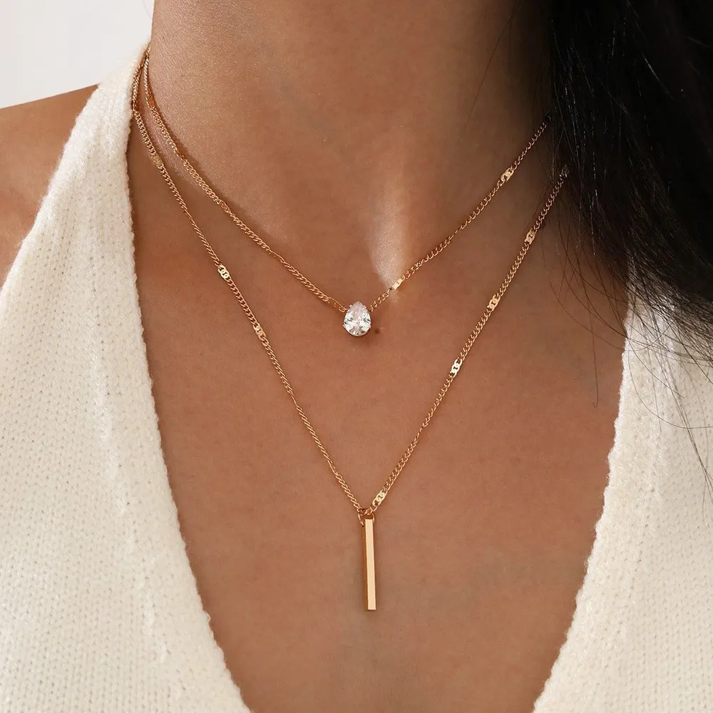 Women Fashion Simple Two-Piece Teardrop Long Tassel Pendant Necklace