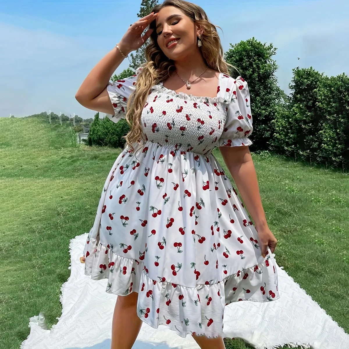 Women Fashion Casual Plus Size Cherry Print Bubble Sleeve Square Collar Dress