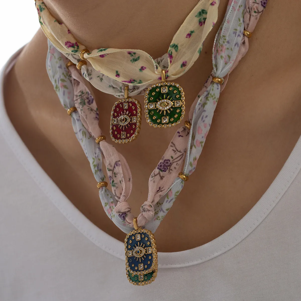 Women Fashion Multicolor Oil Dripping Pendant Silk Scarf Necklace