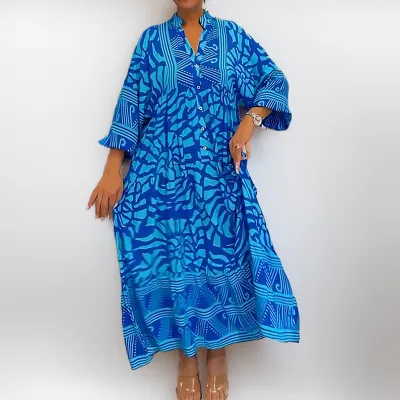 Women Casual Plus Size Printed V-Neck Long-Sleeve Loose Dress