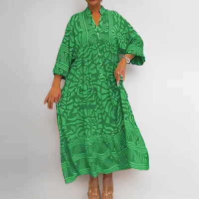 Women Casual Plus Size Printed V-Neck Long-Sleeve Loose Dress